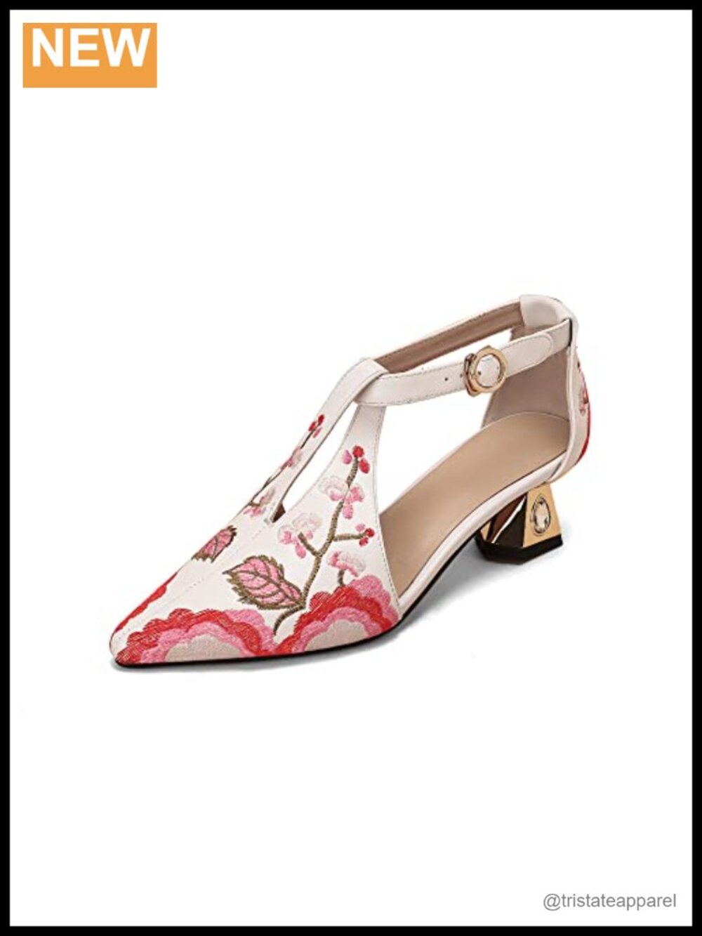 Genuine Leather Pointed Toe Handmade Embroidery Chunky Heel Pumps